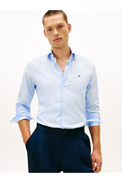 Tommy Hilfiger قميص رجالي من قماش البوبلين قصة ضيقة فليكس باللون الأزرق