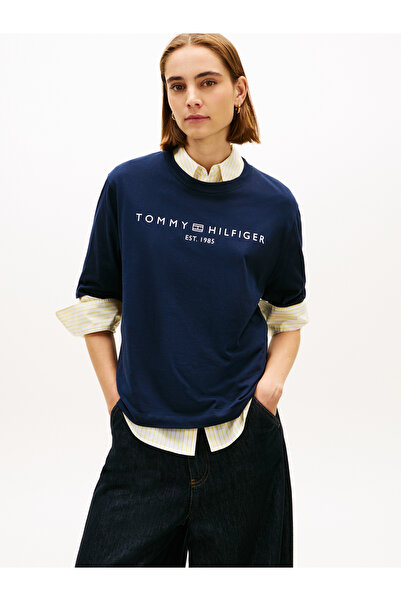 Tommy Hilfiger Women Navy Logo Jersey Relaxed Crew Neck T-Shirt