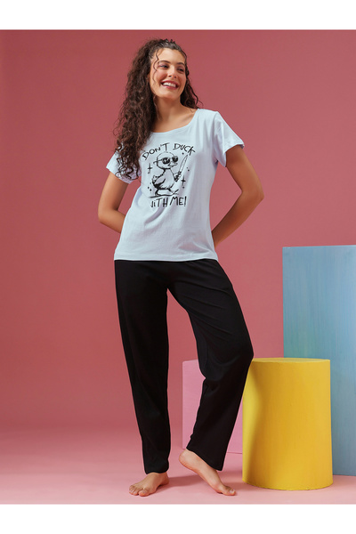 Clovia By Styli Graphic Print T-Shirt and Pyjama Set 100% Cotton