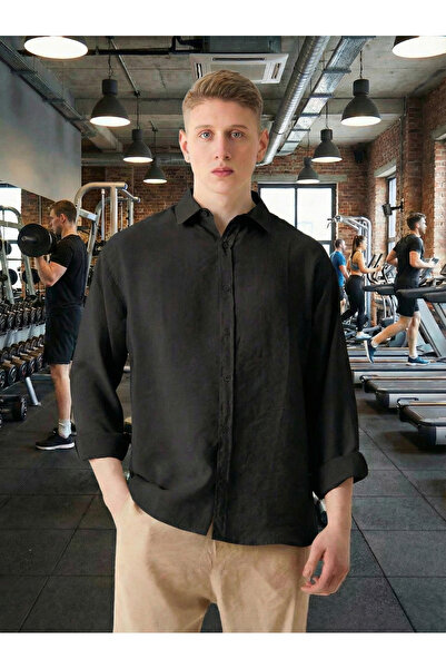 STYLENEST Men's Oversized Linen Look Satin Textured Black Shirt – Comfortable...