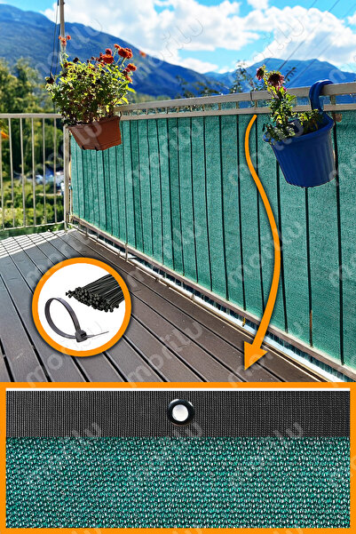 Morilu %95lik Yeşil BALKON PERDESİ - SİYAH Şeritli Halkalı - Balkon Demiri Fi...
