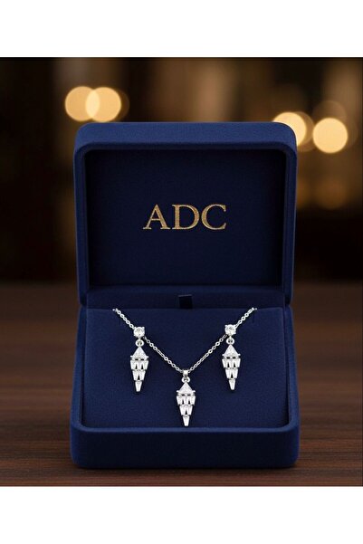 ADC Paslanmaz Çelik Zirkon Taşlı Kolye Küpe Takı Seti - Gümüş renk Özel Hediy...
