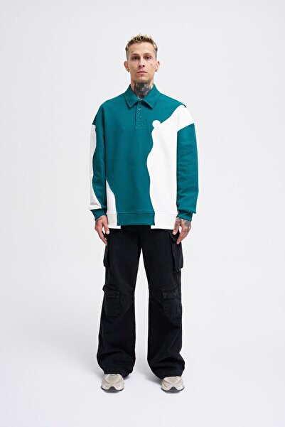 Machinist Erkek Distressed Stitch And Embroidered Polo Petrol Yeşili Ekru Swe...