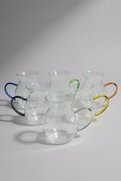 Kitchen Way Keyf-I Ala Almila 6-Piece Colorful Handle Chubby Thermos Glass Tea Cup Kw-049B
