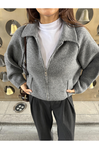 Eka Women's Anthracite Zippered Oversized Cardigan 1014-2381