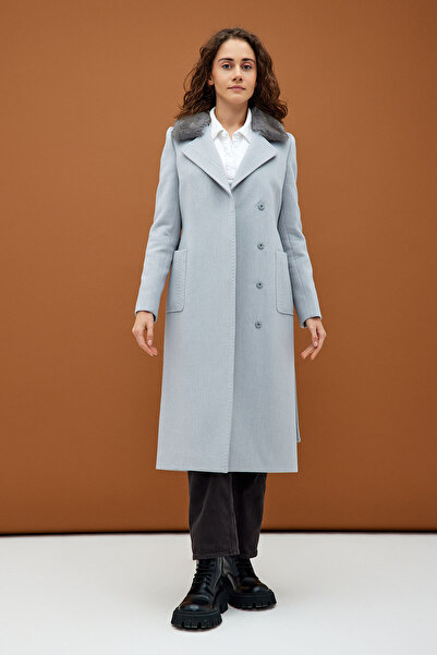 KENT Açık Gri Kürk Yakalı Klasik Uzun Kaşe Kaban