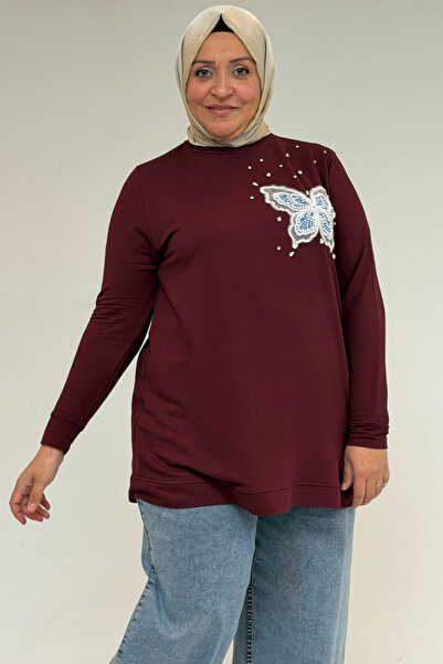 Eslina 58172 Plus Size Stone Print Detailed Crystal Tunic - Burgundy