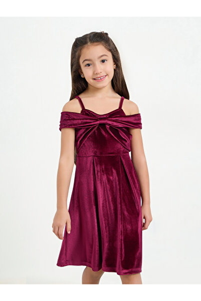 Styli Girls Burgundy Velvet Cold Shoulder Dress