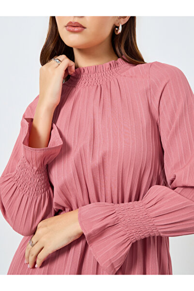 Take Two By Styli Solid Textured Smocking Cuff Fitted Waist Mini Dress