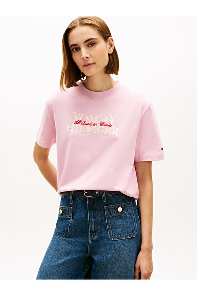 Tommy Hilfiger Women Pink Classic Flock Logo Relaxed Crew Neck T-Shirt