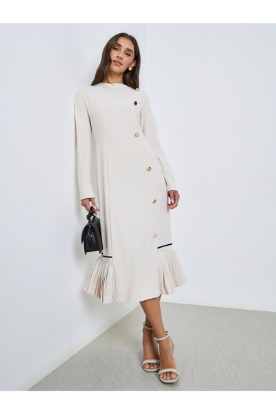 Styli Off White Ruffled Hem Buttoned Midi Dress