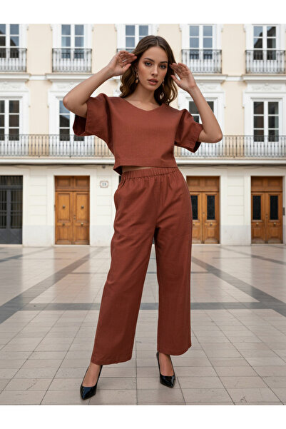 Freehand By Styli Brown V Neck Crop Top and Pants Co-ords