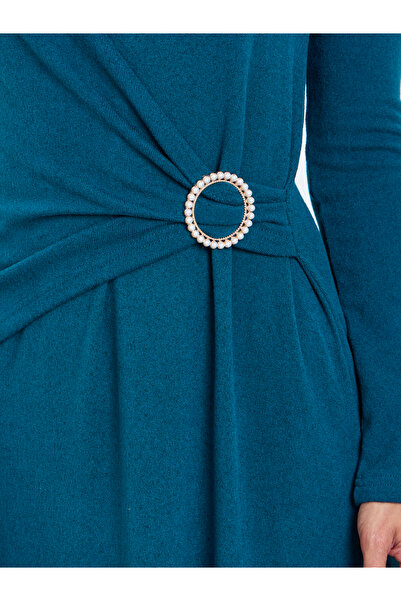 Styli Teal Embellished Buckle A-Line Midi Dress