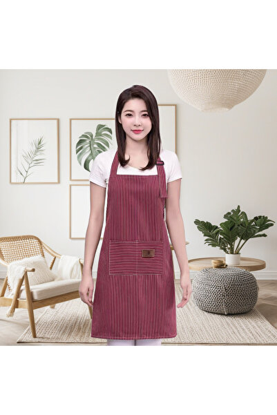 OEM Cotton kitchen or barbecue apron, with pockets, 70x75 cm, red with striped pattern