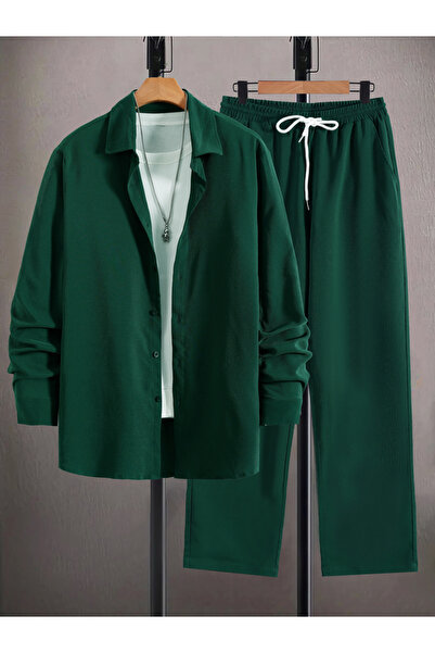 Take Two By Styli Men Dark Green Solid Shirt and Pants Co-Ords