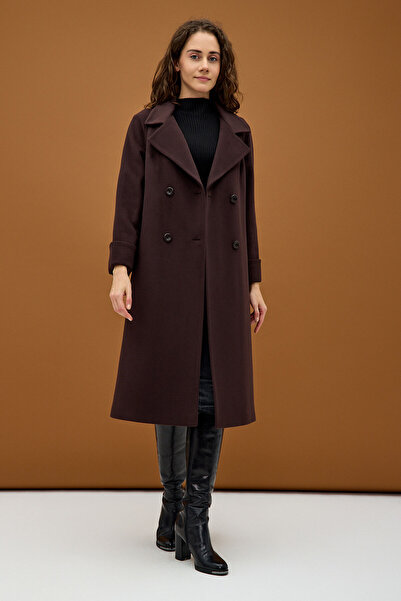 KENT Kahverengi Çift Düğmeli Cepli Kuşaklı Uzun Kaban