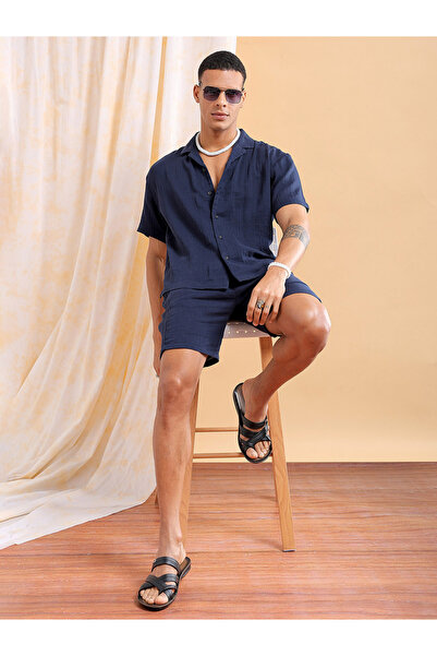 The Indian Garage Co By Styli Men Navy Solid Cotton Shirt and Shorts Set