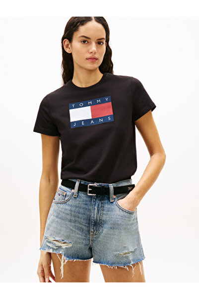 Tommy Hilfiger Women Black Tonal Tommy Flag T-Shirt