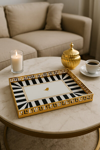 Yavuzhan Metal Gold Çerçeveli Siyah Desenli Dekorarif Söz,Nişan,Sunum Tepsisi...