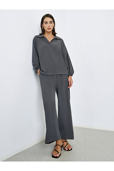 Styli Women Charcoal Shirt Collar Top and Pants Modest Set