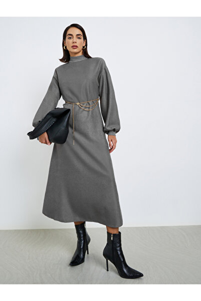 Styli Grey High Neck Maxi Dress with Chain Belt