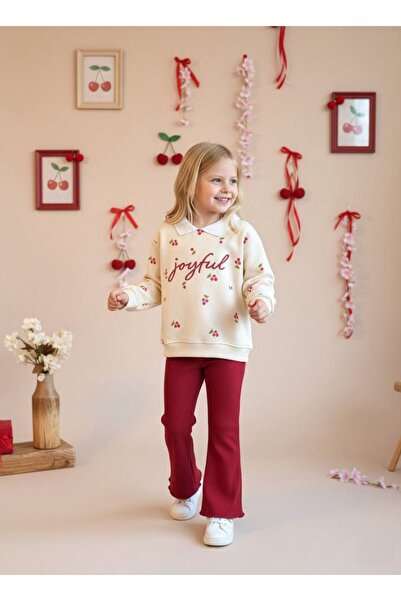 UNICORN Cherry Patterned Be Peter Pan collar Is Flared Ytli 3-Thread Unfelted Bottom Top Girl's Set