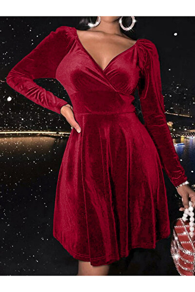 Take Two By Styli Women Red Velvet Look V-Neck Mini Dress