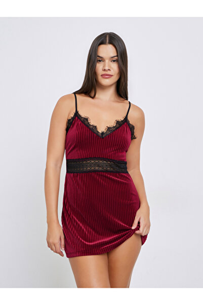 Styli Ribbed Velvet Contrast Lace Trim Slip Dress with Robe