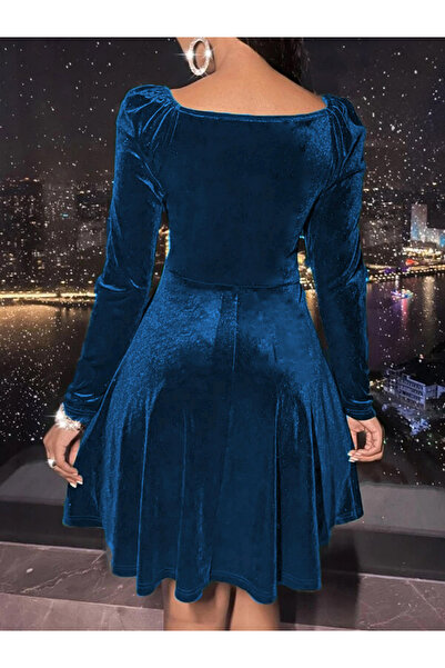 Take Two By Styli Women Blue Velvet Look V-Neck Mini Dress