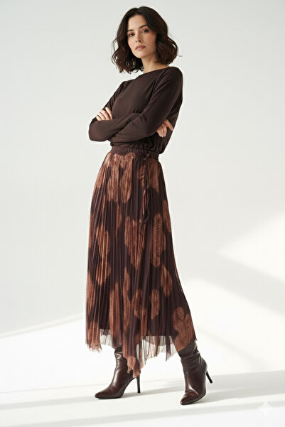 My Blog Brown Ethnic Patterned Lined Chiffon Skirt - 251102