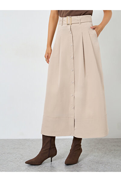 Styli Khaki A-Line Maxi Skirt with Belt Detail