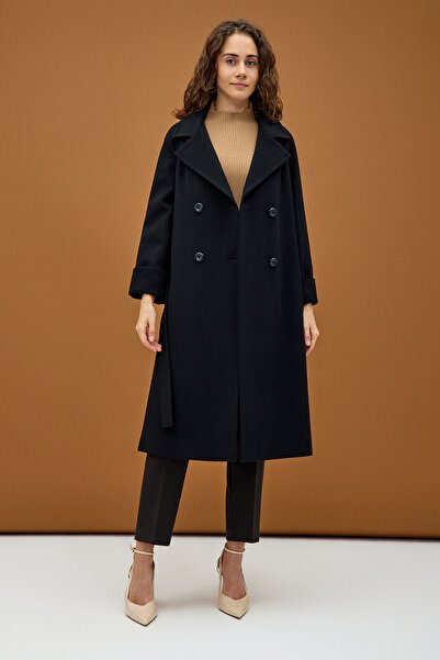 KENT Siyah Çift Düğmeli Cepli Kuşaklı Uzun Kaban