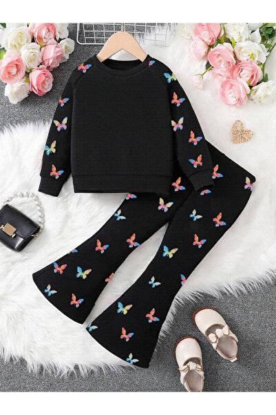 Take Two By Styli Girls Graphic Print Sweatshirt with Flare Pants Set