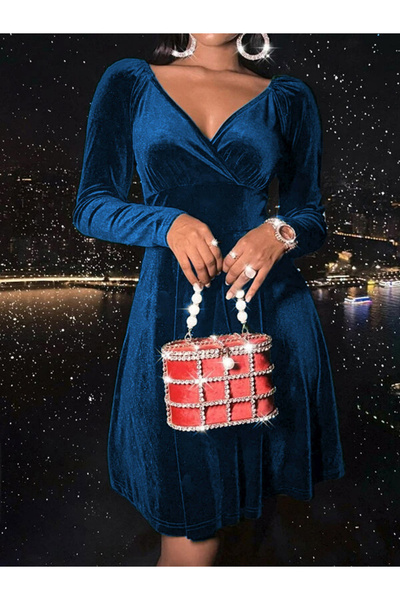 Take Two By Styli Women Blue Velvet Look V-Neck Mini Dress