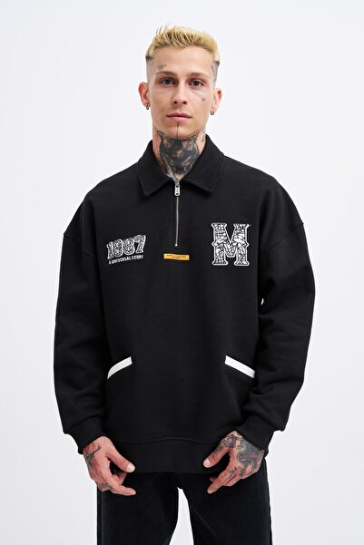 Machinist Erkek Felt Badge Zip Polo Sweatshirt Siyah