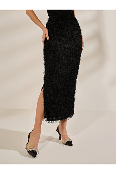 Styli Black Fringe Maxi Skirt with Side Slit