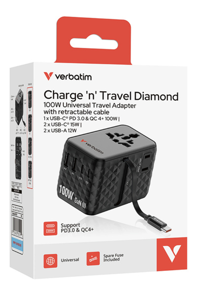 Verbatim GaN Travel Adapter, 100W, retractable USB-C cable, USB-C PD 3.0 QC4+ up to 100W / USB-A up