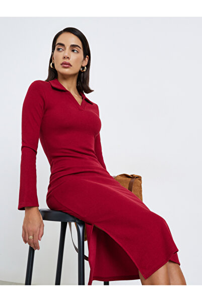 Styli Red Ribbed Midi Dress with Open Collar