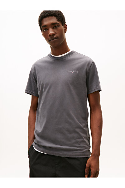 Tommy Hilfiger Men Black Linear Logo Slim Crew Neck T-Shirt