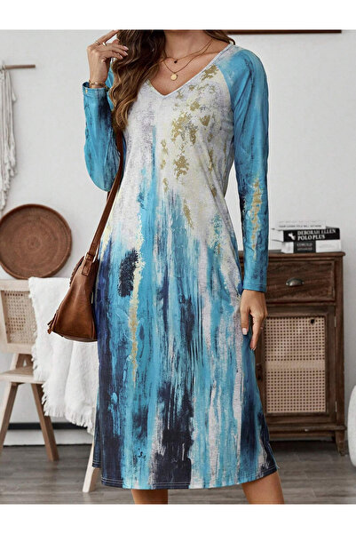 Take Two By Styli Women Watercolor Print Long Sleeve Midi Dress