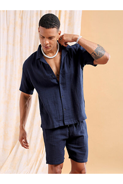 The Indian Garage Co By Styli Men Navy Solid Cotton Shirt and Shorts Set