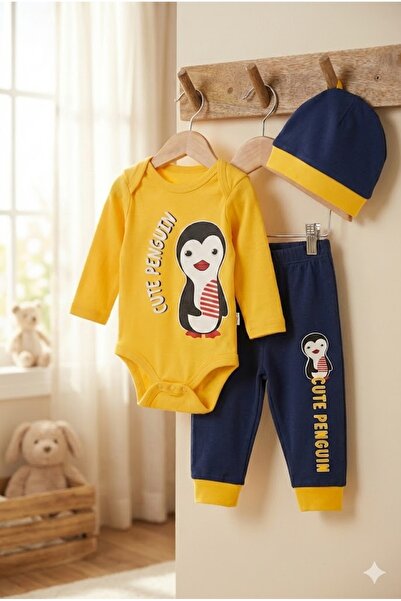 Bebişto Baby Boy Yellow Penguin Printed 100% Cotton Hat 3-Piece Winter Set