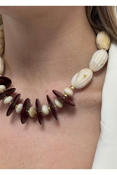 KİLİGİSTANBUL Bordo Detailled Beaded Necklace 35 Cm+5 cm Extension