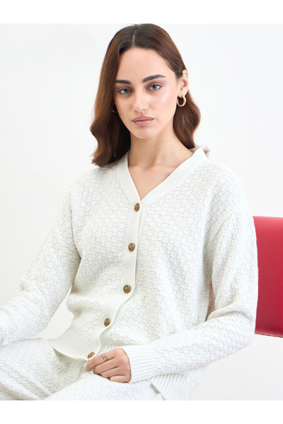 Styli Off White Lurex Knit Cardigan and Pants Co-Ords