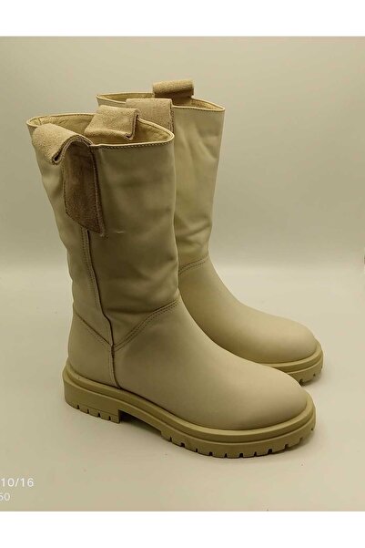 Ametist Tamara Cream Genuine Leather Women's Boots – 30 cm Height, Non-Slip S...