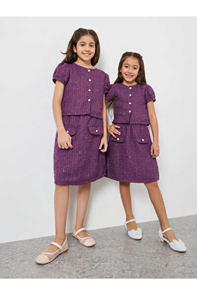 Styli Teens Purple Tweed Top and Skirt Set