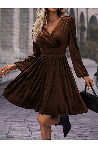 Take Two By Styli Women Brown Velvet A-Line Mini Dress