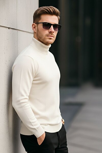 COMBİNE MİCHAİL Чоловічий преміальний кремовий водолазка вільного в'язання светр