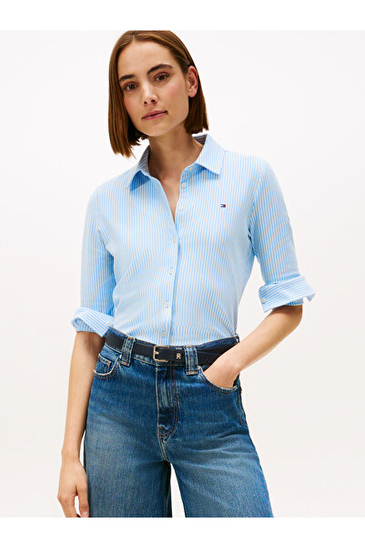 Tommy Hilfiger قميص نسائي مخطط قصة ضيقة من بيكيه موديل 1985 باللون الأزرق