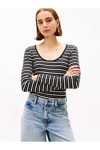 Tommy Hilfiger Women Black Slim Scoop Neck Long Sleeve T-Shirt